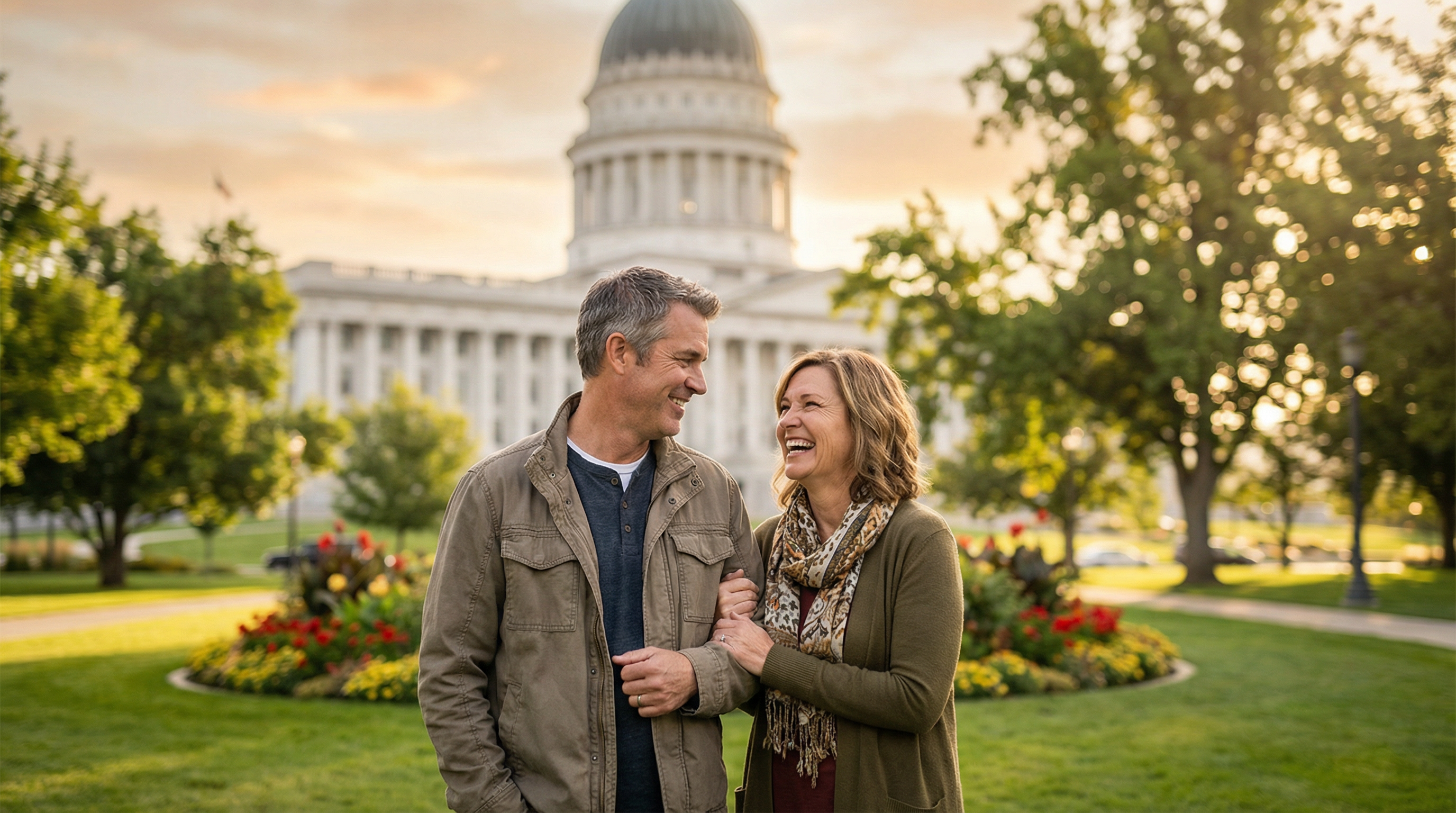 Happy couple walking together in the Utah State Capitol gardens